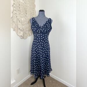 Adrianna Papell Vintage Blue Polka Dot Silk Ruched Midi Sundress Size 10/12
